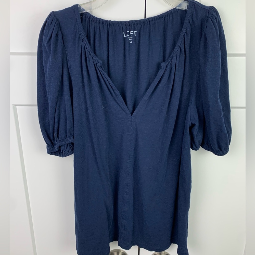 Ann Taylor LOFT MEDIUM Navy Blue Puff Sleeve Blouse Romantic Coquette Cottage